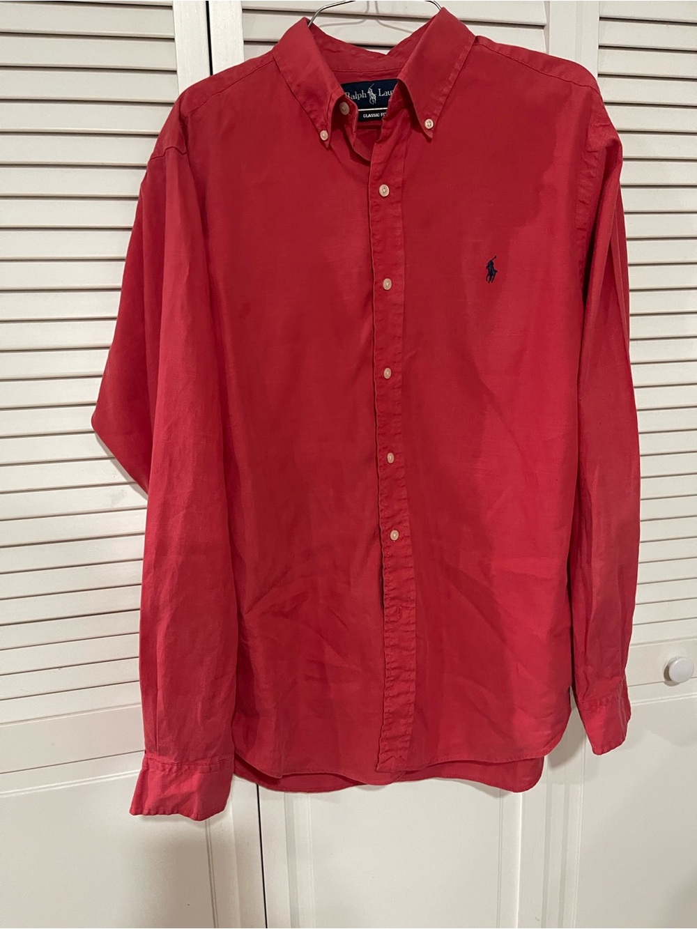 Ralph Lauren Men's Button-Down Shirt in Red with Navy Pony